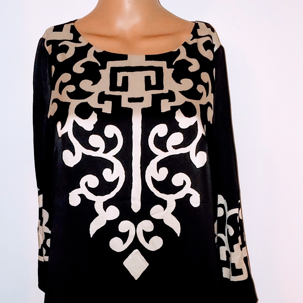 TIBI LOGO SILK 4 - 6 BLACK IVORY SHIFT SHEATH DRESS
